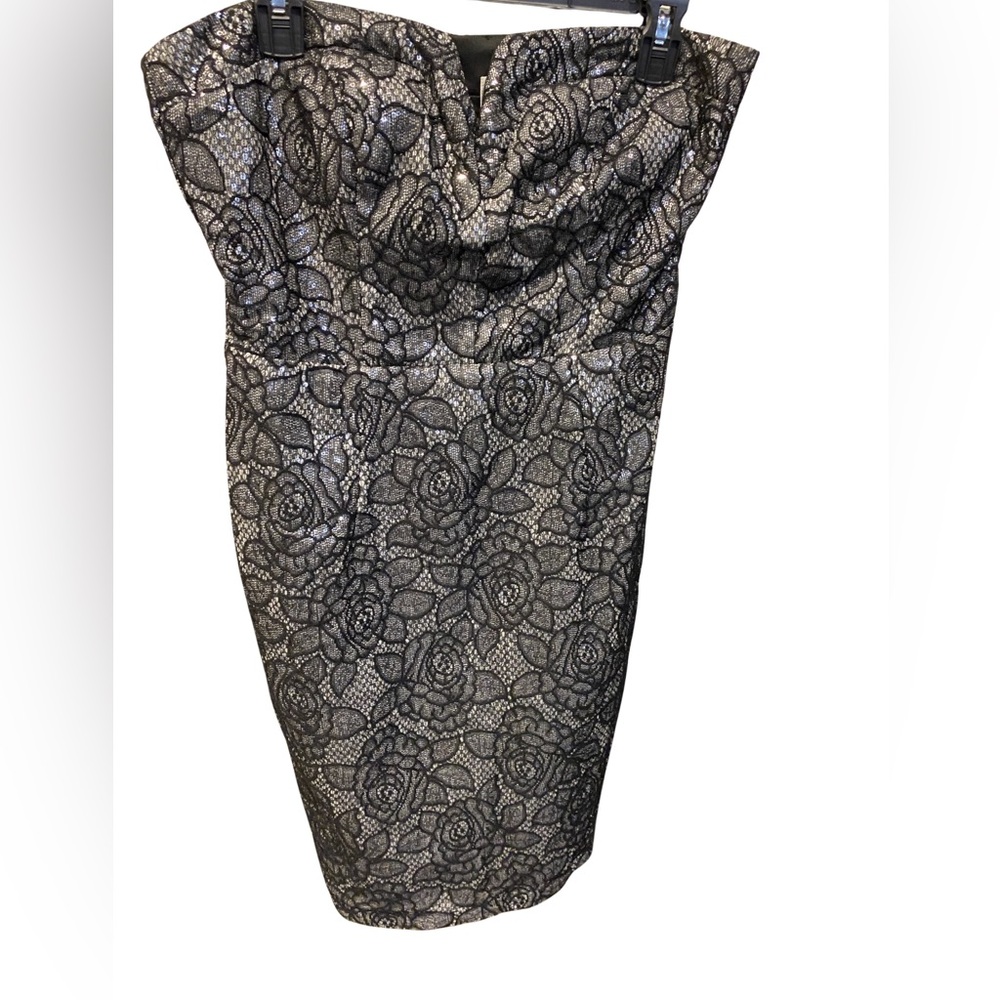 Bisou Bisou Size 12 Black Flower Silver Sequin Design Cocktail Strapless Dress